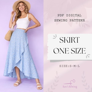 May include: A light blue floral print skirt with a wrap design. The skirt is paired with a white crop top. The image also includes text that reads "SKIRT ONE SIZE" and "PDF DIGITAL SEWING PATTERN".