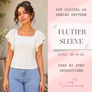 May include: A white blouse with small black polka dots and flutter sleeves, paired with blue jeans. The text reads: PDF DIGITAL A4 SEWING PATTERN, FLUTTER SLEEVE, SIZE: XS-M-XL, STEP BY STEP INTRUCTIONS, and the logo Enchanted Sewing.