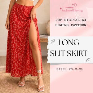Könnte beinhalten: Ein roter langer Rock mit kleinem weißem Blumenmuster und einem hohen Seitenschlitz. Der Text auf dem Bild lautet: Enchanted Sewing, PDF DIGITAL A4 SEWING PATTERN, LONG SLIT SKIRT, SIZE: XS-M-XL. Der Rock hat einen elastischen Bund.