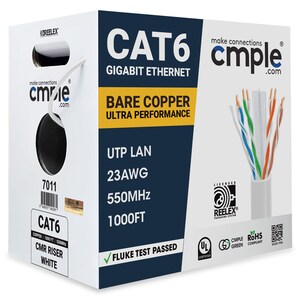 May include: A white box with a black and blue label that says "CAT6 Gigabit Ethernet Bare Copper Ultra Performance". The box contains 1000 feet of white CAT6 ethernet cable. The label also says "UTP LAN 23AWG 550MHz 1000FT" and "Fluke Test Passed".