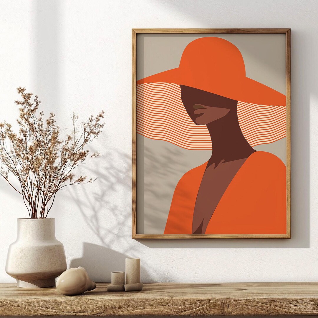 Minimalist Abstract Black Woman Portrait With Sun Hat | Modern Wall Art ...