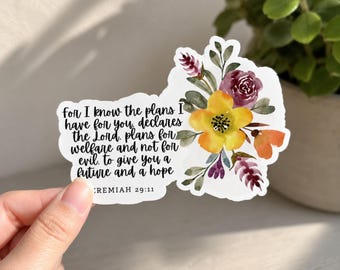 Jeremiah 29:11 Floral Scripture Stickers, Inspirational Kiss-Cut Vinyl, Christian decal, Faith-Based Affirmations Gift, Christian car decal