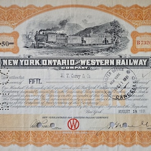 May include: A vintage New York, Ontario and Western Railway Company stock certificate dated August 18, 1931. The document features an orange border, a detailed black and white illustration of a steam locomotive, and the text Fifty Shares.