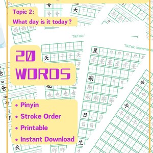May include: Printable Chinese writing worksheets with the text "Writing Worksheets", "Topic 2: What day is it today?", and "20 WORDS". Includes Pinyin and stroke order guides. Available for instant download.