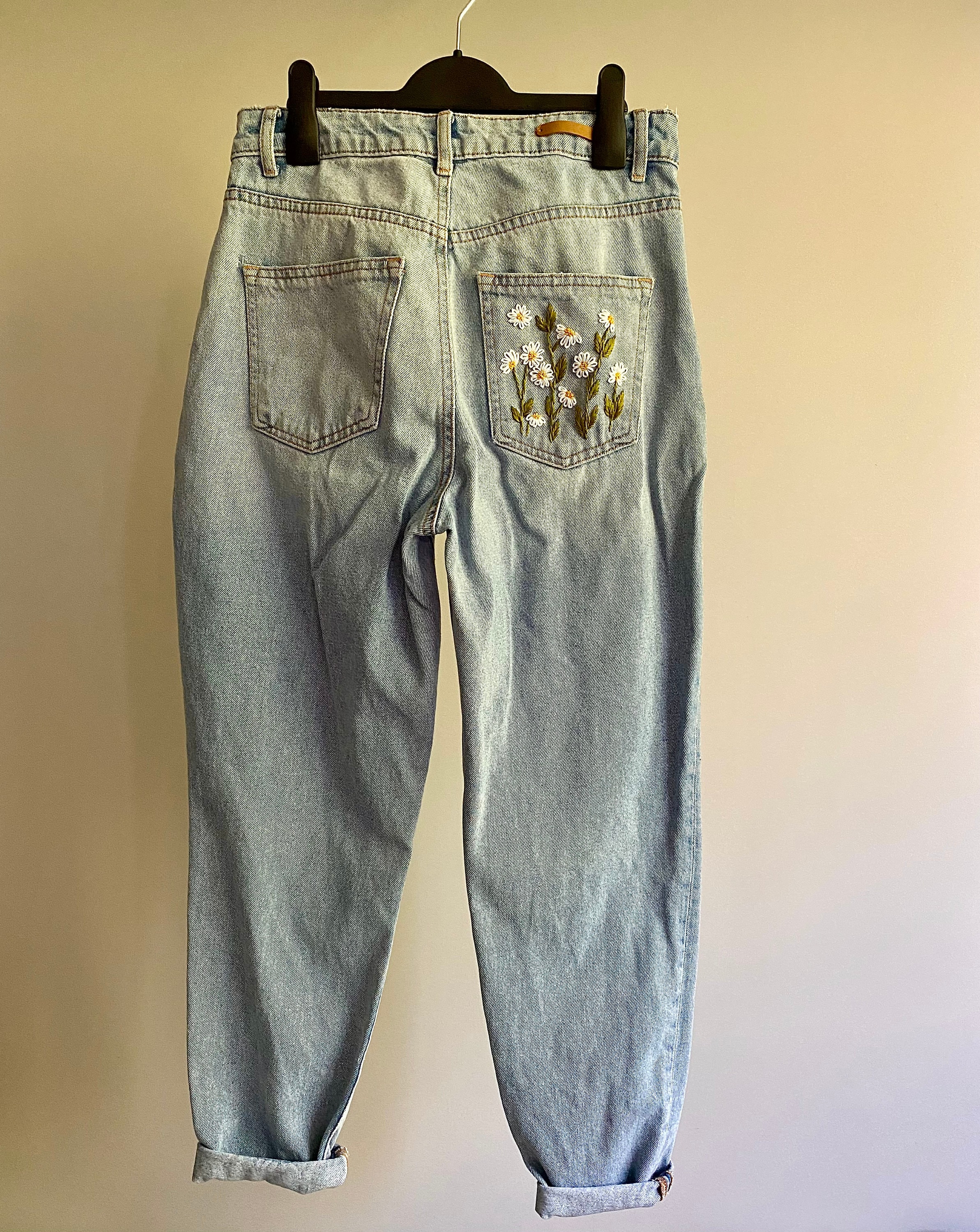 Hand Embroidered Denim Pants, Wild Flowers, Woman Jeans