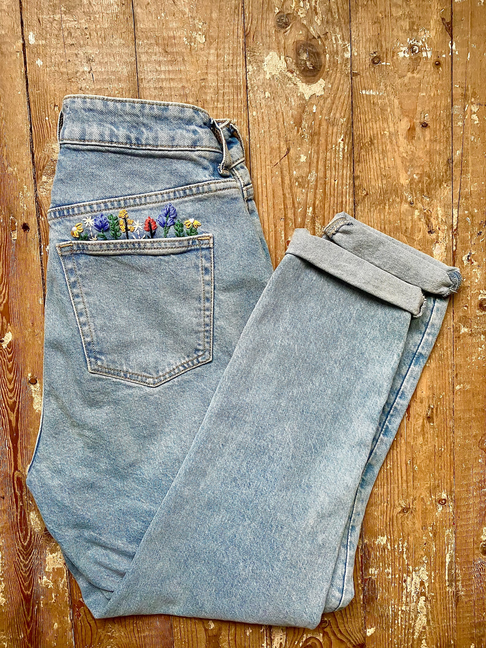 Denim Floral Embroidered Pant