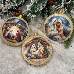 Juego de 3 adornos navideños de la Natividad hechos a mano: Escena de la Sagrada Familia, decoración religiosa para festividades.