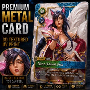 May include: A rectangular metal trading card featuring a Nine-Tailed Fox character with dark hair and multiple white tails. The card displays a 3D textured UV print, a pink heart-shaped energy effect, and game text including the name Ahri.