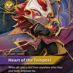 May include: A collectible game card titled Heart of the Tempest featuring a stylized character with a red and white mask, dark clothing, and flowing red hair. The card includes text, game icons, and a purple banner, set against a layered, abstract background.