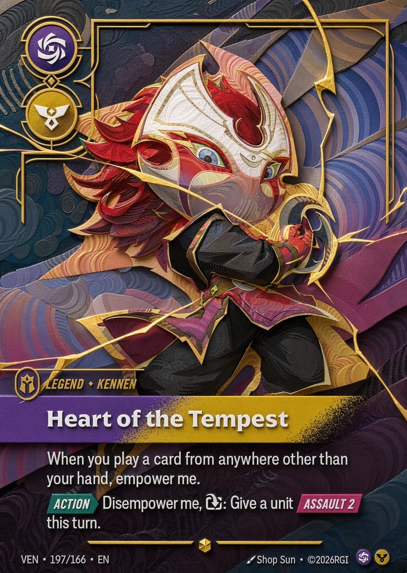 May include: A collectible game card titled Heart of the Tempest featuring a stylized character with a red and white mask, dark clothing, and flowing red hair. The card includes text, game icons, and a purple banner, set against a layered, abstract background.