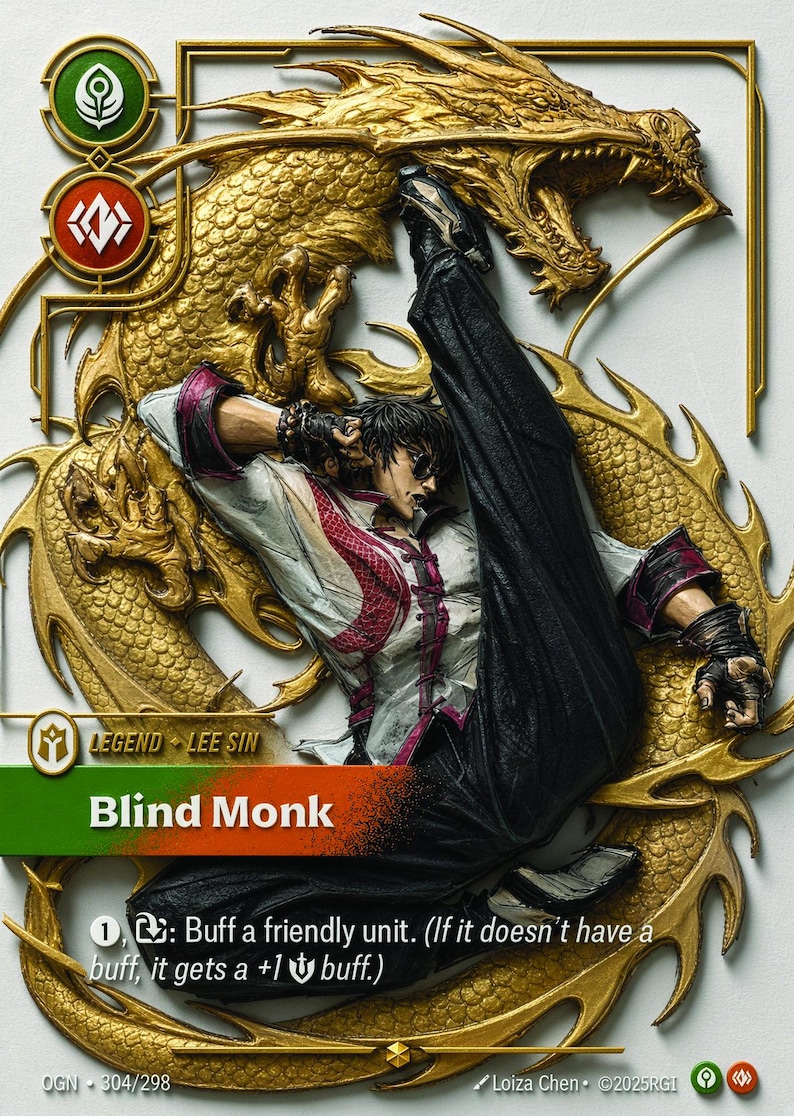 May include: A collectible trading card featuring a dynamic illustration of a martial artist in a high kick pose against a gold dragon background. The card displays the text 'LEGEND LEE SIN' and 'Blind Monk' with game ability descriptions.