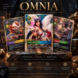 May include: Three rectangular metal trading cards titled OMNIA Premium Metal Cards. The center card features a Nine-Tailed Fox character, flanked by Heart of the Tempest and Rogue Assassin cards. Text includes game mechanics, collector details, and branding.