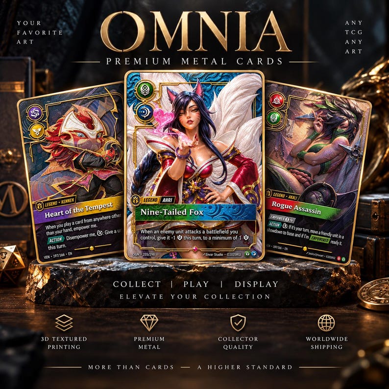May include: Three rectangular metal trading cards titled OMNIA Premium Metal Cards. The center card features a Nine-Tailed Fox character, flanked by Heart of the Tempest and Rogue Assassin cards. Text includes game mechanics, collector details, and branding.
