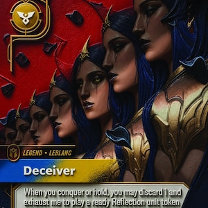 May include: A collectible game card titled Deceiver featuring a row of identical figures with dark blue hair, gold armor, and sharp headpieces against a red background. The card includes text describing game mechanics and the artist name Valentine Tran.