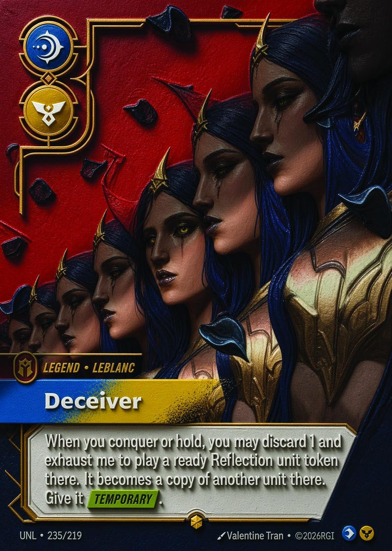 May include: A collectible game card titled Deceiver featuring a row of identical figures with dark blue hair, gold armor, and sharp headpieces against a red background. The card includes text describing game mechanics and the artist name Valentine Tran.