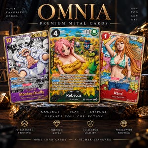 May include: Three rectangular metal trading cards featuring anime characters Monkey D. Luffy, Rebecca, and Nami. Each card displays detailed character artwork, game statistics, and text. The cards are arranged side-by-side, showcasing vibrant colors and metallic finishes against a dark, textured base.