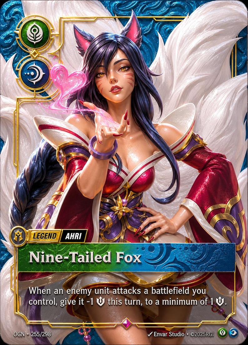 May include: A collectible trading card featuring a character with dark purple hair, fox ears, and nine white tails. The character wears a red and purple outfit and holds a pink heart-shaped energy effect. Text includes "Legend", "Ahri", and "Nine-Tailed Fox".