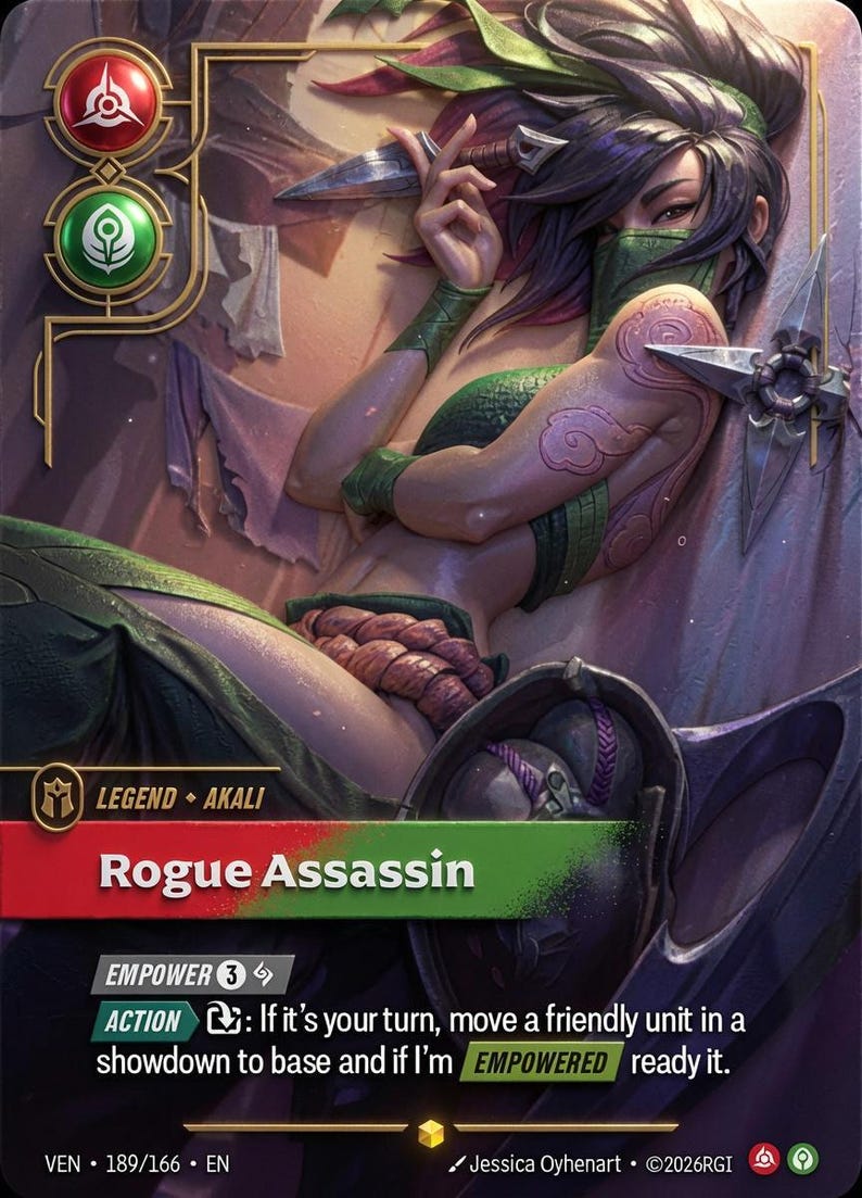 May include: A collectible trading card titled Rogue Assassin featuring a character with dark hair, a green face mask, and tattoos, holding a kunai dagger. The card displays game text, icons, and the artist name Jessica Oyhenart, dated 2026RGI.