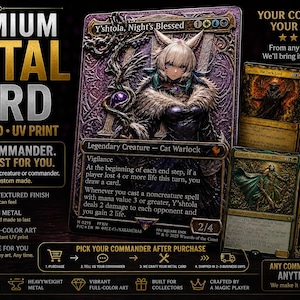 May include: A custom metal trading card featuring Y'shtola, Night's Blessed, a cat warlock character with white hair and dark clothing. The card has a 3D textured surface and vibrant UV print. Additional cards are displayed alongside text detailing premium metal construction and custom order options.