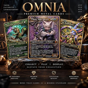 May include: Three premium metal trading cards featuring detailed fantasy illustrations. The cards are titled Chatterfang, Squirrel General, Y'shtola, Night's Blessed, and Ms. Bumbleflower. Each card displays text, game stats, and intricate border designs.