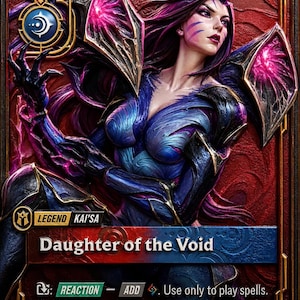 May include: A collectible trading card featuring a purple-haired character with glowing pink shoulder armor. The card displays the text 'LEGEND KAI'SA', 'Daughter of the Void', and game instructions including 'REACTION - ADD'. The background is red.