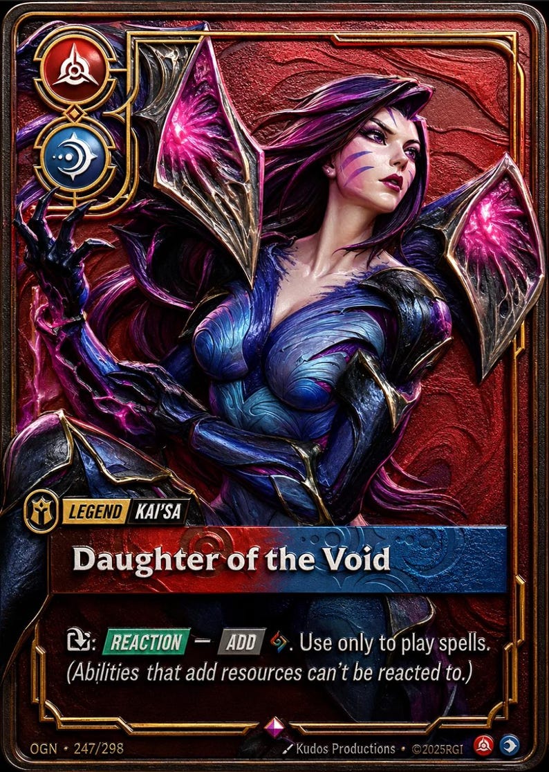 May include: A collectible trading card featuring a purple-haired character with glowing pink shoulder armor. The card displays the text 'LEGEND KAI'SA', 'Daughter of the Void', and game instructions including 'REACTION - ADD'. The background is red.