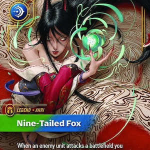 May include: A collectible trading card featuring a Nine-Tailed Fox character with long black hair, fox ears, and red and white clothing. The character holds a glowing green orb surrounded by swirling energy. Text includes Nine-Tailed Fox and game rules.