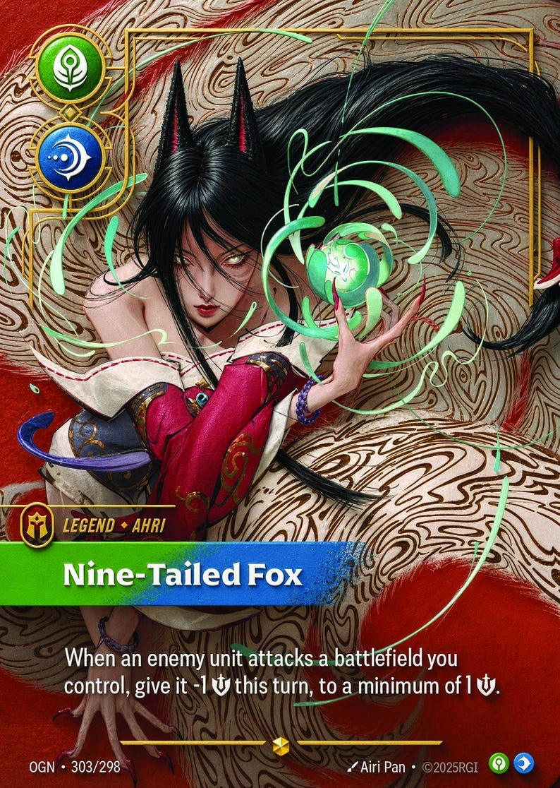 May include: A collectible trading card featuring a Nine-Tailed Fox character with long black hair, fox ears, and red and white clothing. The character holds a glowing green orb surrounded by swirling energy. Text includes Nine-Tailed Fox and game rules.