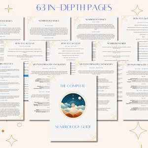 以下が含まれることがあります： 63ページの詳しい情報が載ったカラフルな数秘術ガイド。ガイドは、青い空、白い雲、三日月のある円形のデザインを採用しています。テキスト「The Complete Numerology Guide」は青色のフォントで書かれています。