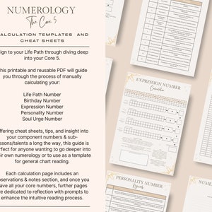 Numerology Charts | Printable Pages | Meanings, Cheat Sheets & Calculator Worksheets for the 5 Core Numbers | Pages for Notes + Reflection