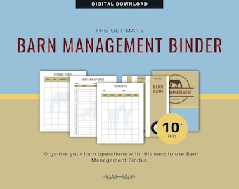 May include: A digital download for a barn management binder with 10+ pages. The binder includes forms for feeding charts, event sign-up sheets, and boarders. The cover features a brown horse head in a circle with the text "Barn Management".