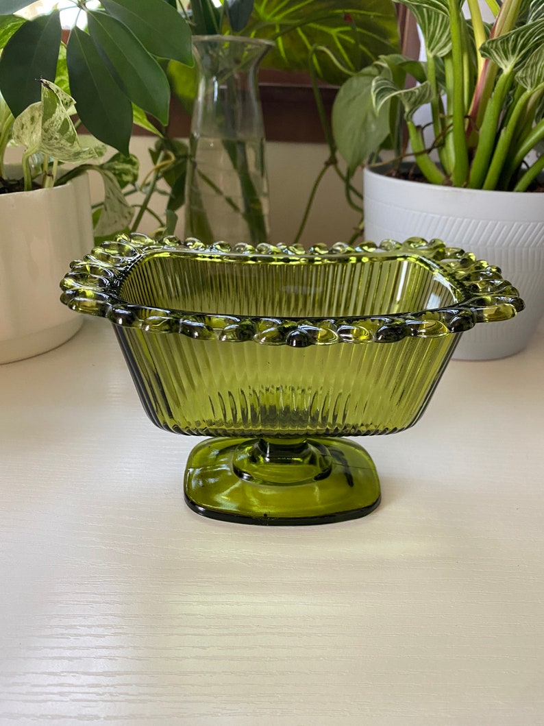 Olive Green Indiana Glass Tall Footed Candy Dish Etsy