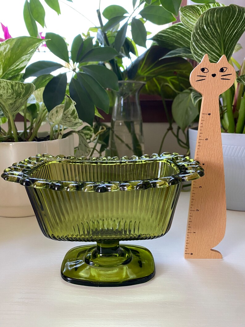Olive Green Indiana Glass Tall Footed Candy Dish Etsy