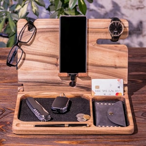Custom Walnut Watch and Phone Stand, Wooden Desk Organizer and Charging Dock, Personalization Available, Gift for Man, Gift for Husband