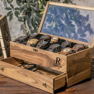 Handcrafted Wooden Watch Box with Glass Lid, Men’s Watch Organizer with 10 Slots & Drawer, Husband Present, A Gift for the Watch Lover