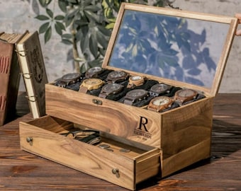 Handgefertigte Uhrenbox aus Holz mit Glasdeckel, Herrenuhrenbox mit 10 Fächern und Schublade, Geschenk für den Uhrenliebhaber