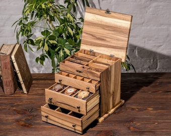 Custom Walnut Wood Jewelry Organizer Personalized Watch Box with Compartments & Gift Wrapping Custom Engraving, Premium Velour Pillows