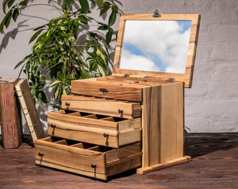 Large Walnut Jewelry Box with Drawers | Mid Century Modern Wood Organizer | Luxury Watch & Sunglasses Case | Personalized Gift for Her