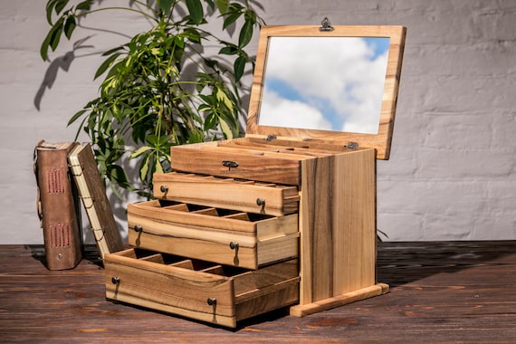Large Walnut Jewelry Box with Drawers | Mid Century Modern Wood Organizer | Luxury Watch & Sunglasses Case | Personalized Gift for Her