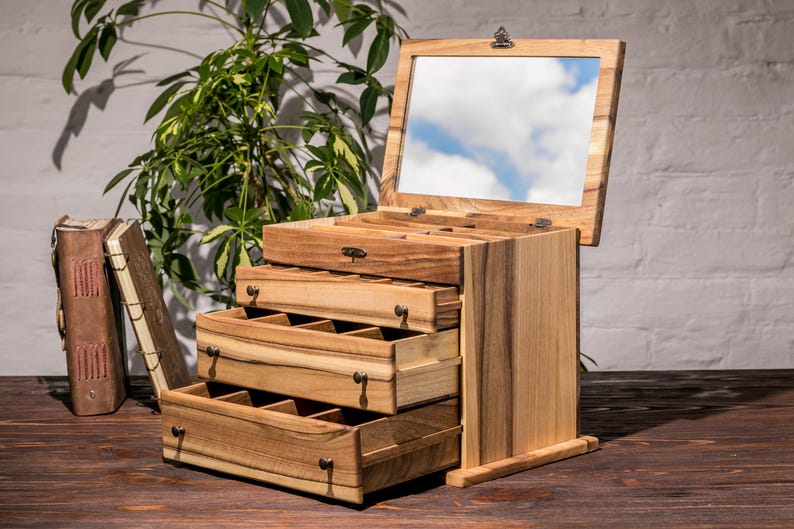 Large Walnut Jewelry Box with Drawers | Mid Century Modern Wood Organizer | Luxury Watch & Sunglasses Case | Personalized Gift for Her image 1