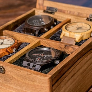 Hölzerne Uhrenbox für Männer, Schmuckorganisatorbox mit 4 herausnehmbaren Trennschlitzen und Kissen, zwei Schubladen, Vatertagsgeschenk, beste Geschenke für Papa
