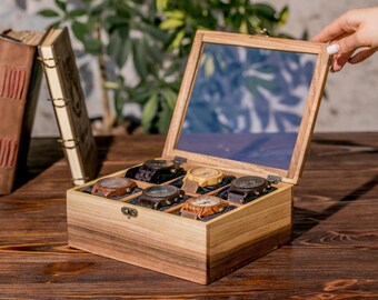 Houten kist voor horloge, aangepaste horlogeopslag voor mannen, gepersonaliseerde horloge-opbergdoos met 4 sleuven houten organizer voor persoonlijke spullen Herencadeau