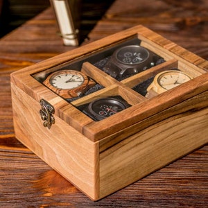 Personalized Watch Box For Men, 4 Divider Slots Engraved Wooden Jewelry Display Organizer with Text, Custom Valentines Gift For Him