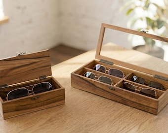 Estuche para gafas de sol (4 pares) / Caja de madera para coleccionistas de gafas con tapa de cristal / Organizador de almacenamiento de nogal