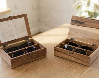 Caja para guardar gafas con tapa de cristal / Organizador de gafas de madera con 2 compartimentos / Soporte para gafas de lectura para tocador