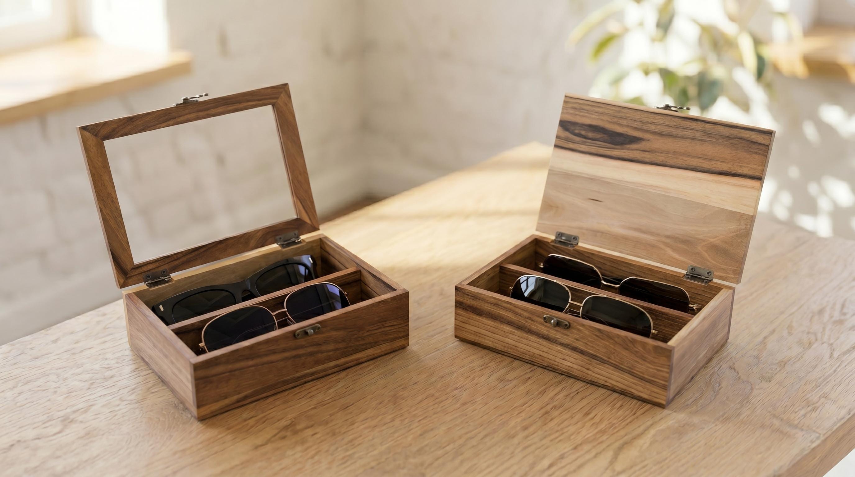 Eyeglass Storage Box with Glass Lid Wooden Glasses Organizer 2 Slots Reading Glasses Holder Dresser