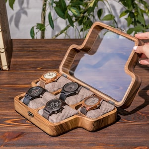 Boîte à montres en bois pour homme - Organiseur de bijoux avec fentes amovibles, coussins personnalisés - Couvercle en verre - Cadeau parfait pour la fête des pères et des papas, couvercle en bois