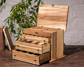 Personalized Walnut Watch Box for Men | Large Valet Case for Glasses & Sunglasses | Custom Jewelry Organizer with Drawers | Husband Gift