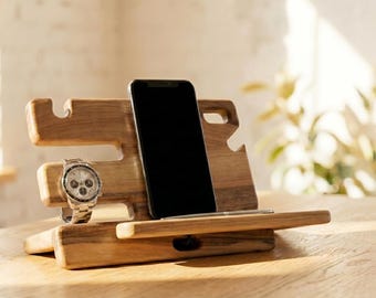 Handmade Walnut Watch and Phone Stand, Wooden Charging Station, Elegant Desk Organizer, Gift Ideas for Men, Natural Wood Charging Dock