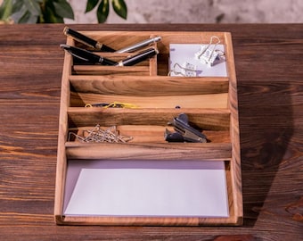 Wood Desk Organizer – Pen Holder & Stationery Storage Solution for Desktop, Wooden Office Organizer, Gift For Coworker, Stationery Stand